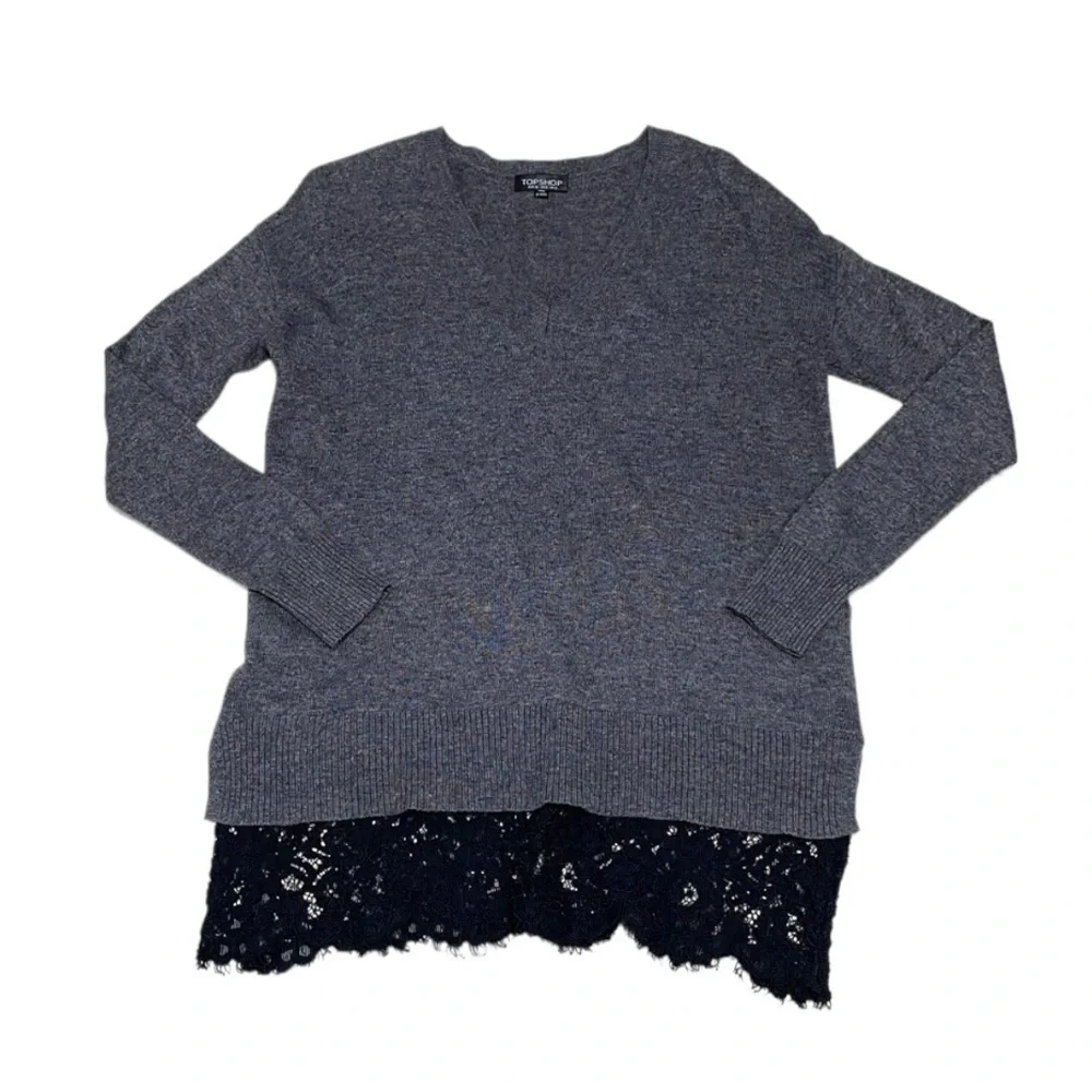 Topshop Sweater V-neck Gray Black Lace Hem Size 4
